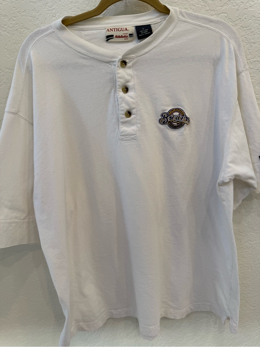 Antigua White Short-Sleeve Henley with Brewers Logo